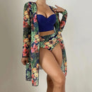 Conjunto Biquíni 3 Peças Feminino com Saída de Praia Estampa Tropical Ferrazi