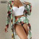 Conjunto Biquíni 3 Peças Feminino com Saída de Praia Estampa Tropical Ferrazi
